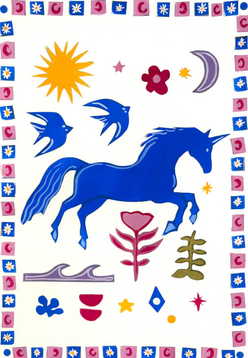 Collage with Gouache: Painted Paper Unicorn and Nature Scene