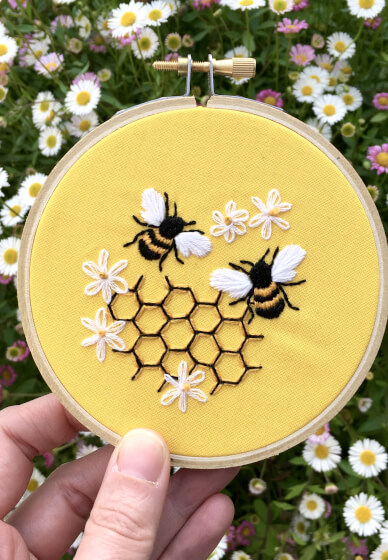 Learn Embroidery at Home: Bees in Honeycomb