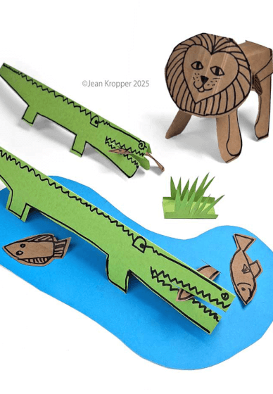 Make Paper Sculptures for Kids: Crocodiles, Lions and Elephants