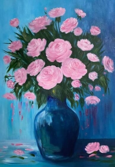Pink Flowers, Acrylic Painting Class
