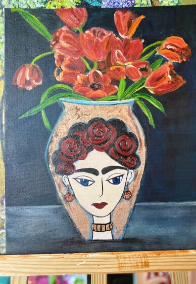 Sip and Paint at Home Frida Vase with Tulips