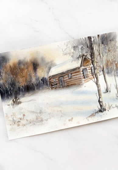 Watercolour Painting: Winter Wonderland Wooden Cabin