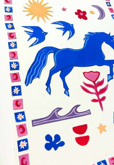 Collage with Gouache: Painted Paper Unicorn and Nature Scene