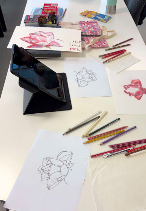 Drawing a Rose in Coloured Pencils Class