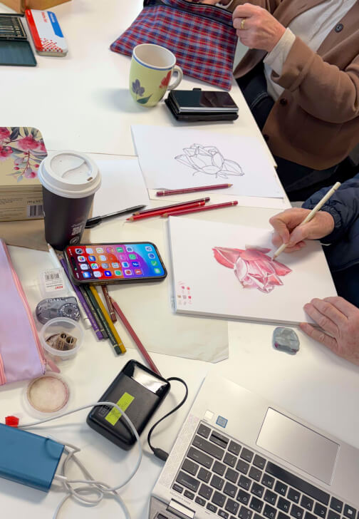 Drawing a Rose in Coloured Pencils Class