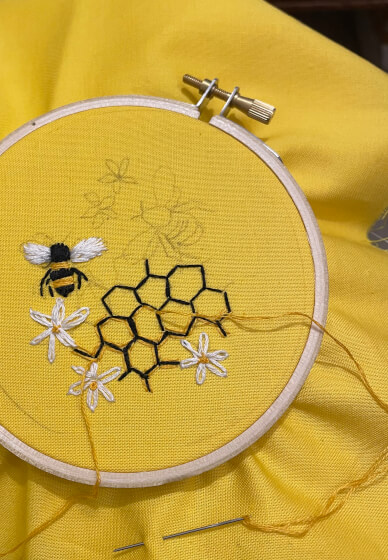 Learn Embroidery at Home: Bees in Honeycomb