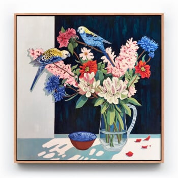 Pale-headed Rosellas and Cornflowers Painting by Julie Lynch
