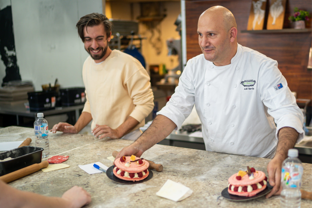 french dessert class chef and guest