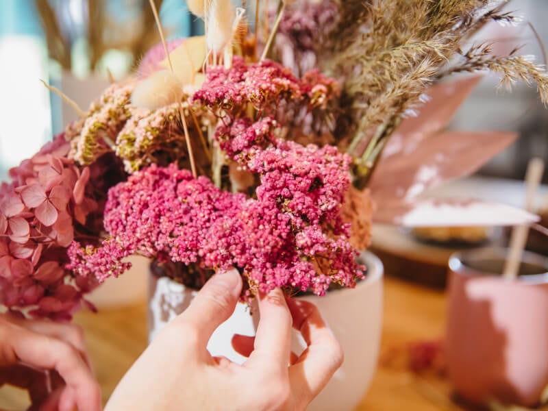 Dried flower arrangement in a vase