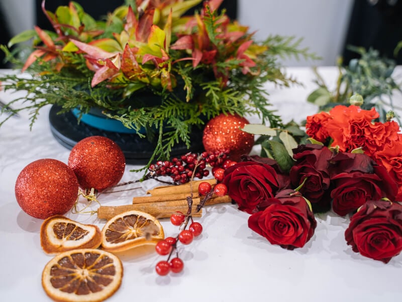 Christmas decorations and dried flower arrangements