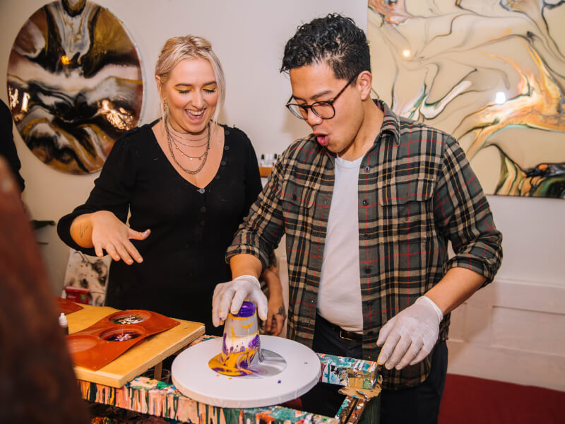paint pouring fluid art class for adult parties