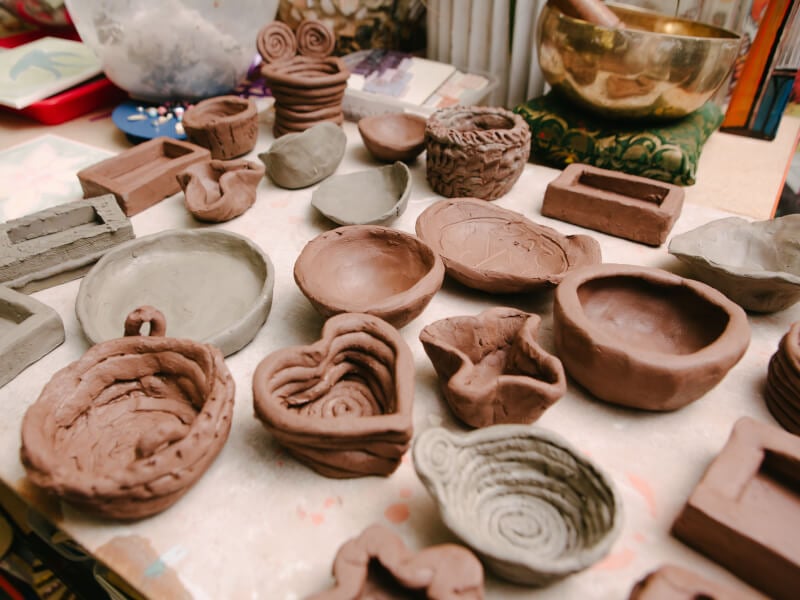 Handmade clay objects on a table 