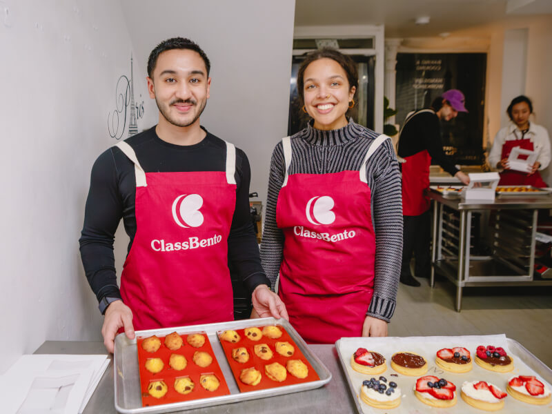 People showing their handmade French tarts and madelines