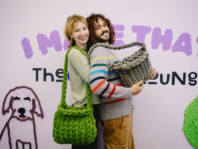 Crochet bags with friends hugging
