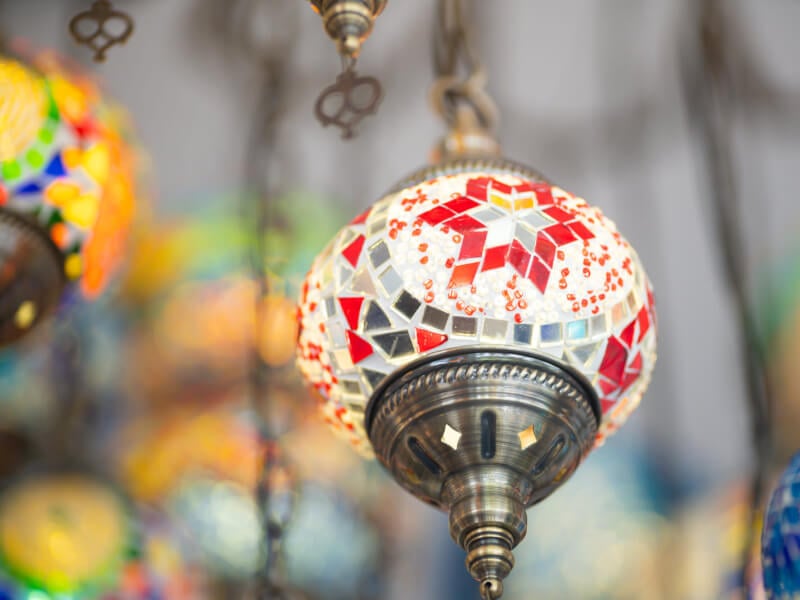 Close-up of Turkish mosaic lamp hanging from the ceiling