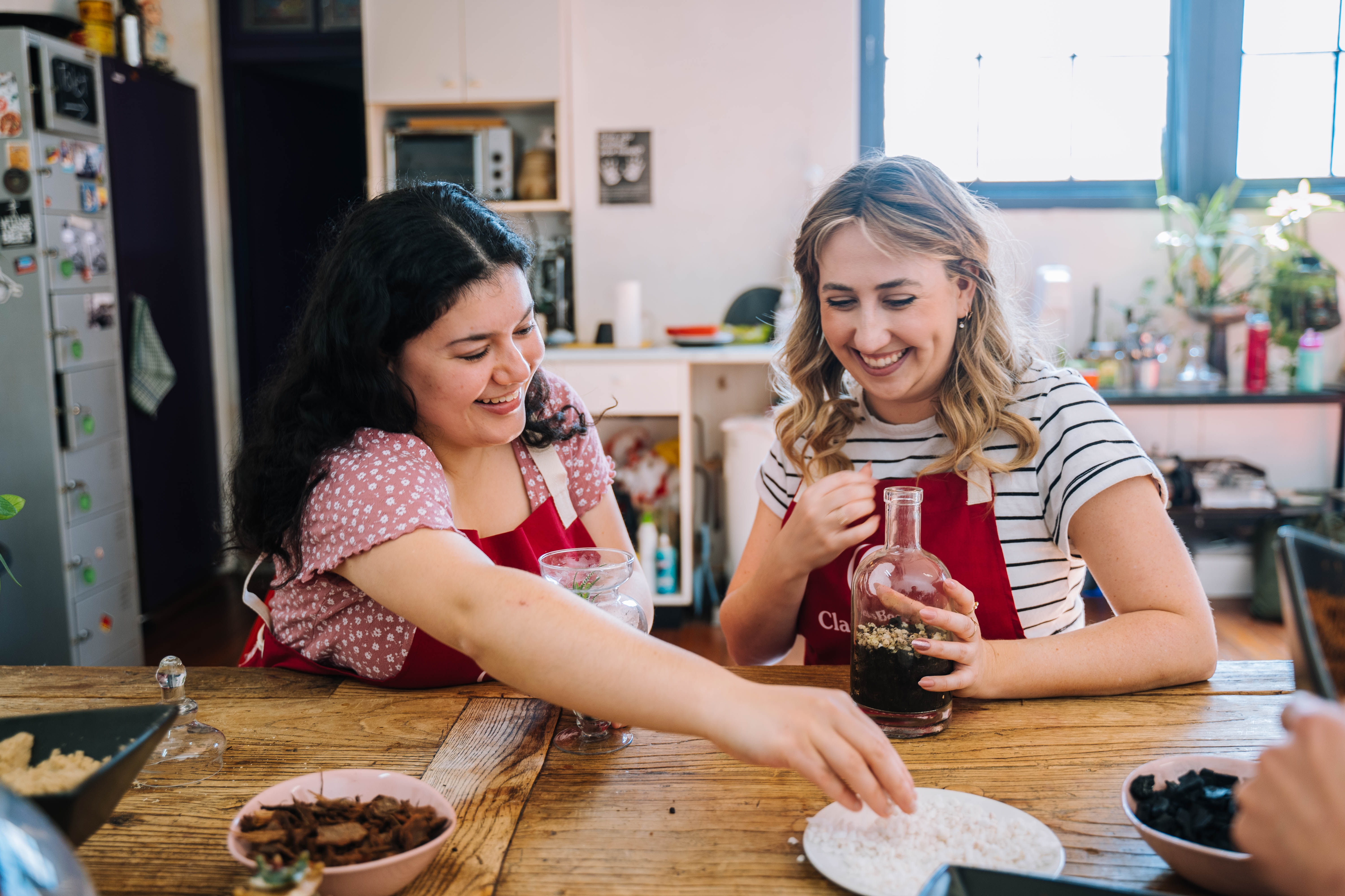 Two women making terrariums