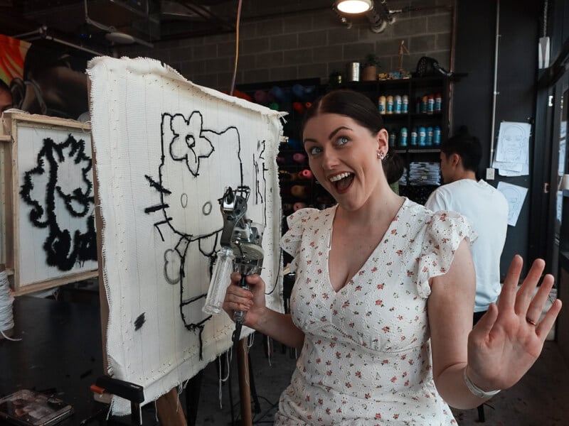 girl at a tufting class