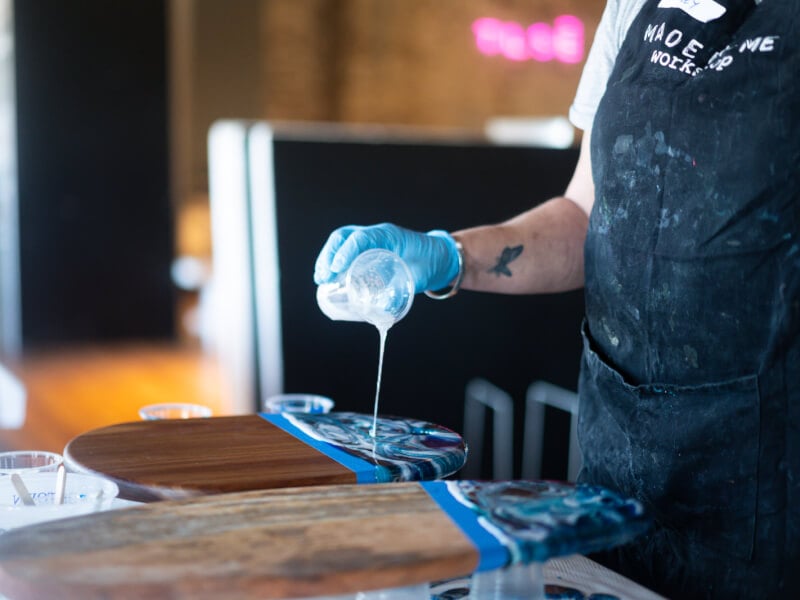 Hand pouring resin, resin cheeseboard workshop