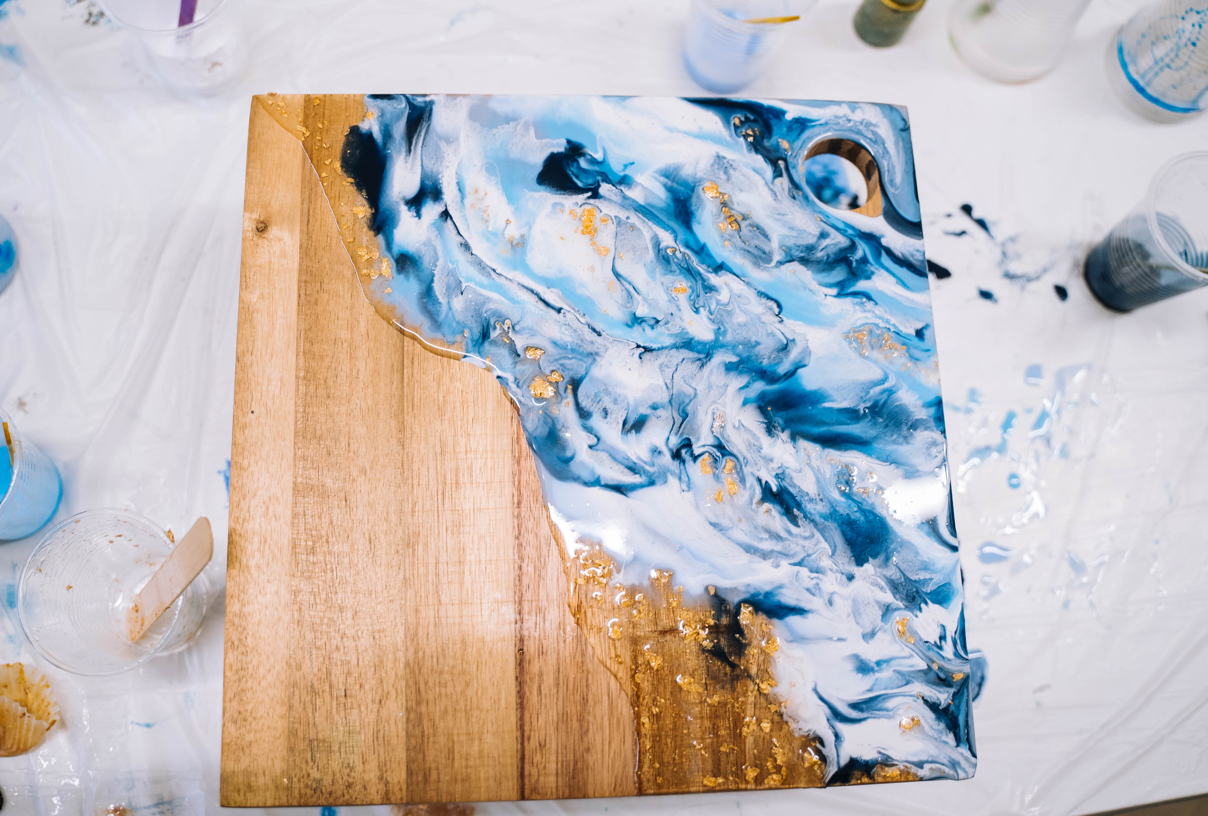 Ocean resin cheeseboard left to dry