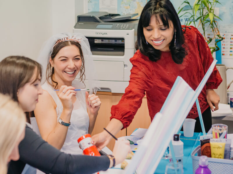A bride-to-be and her friends at a paint and sip for hens parties