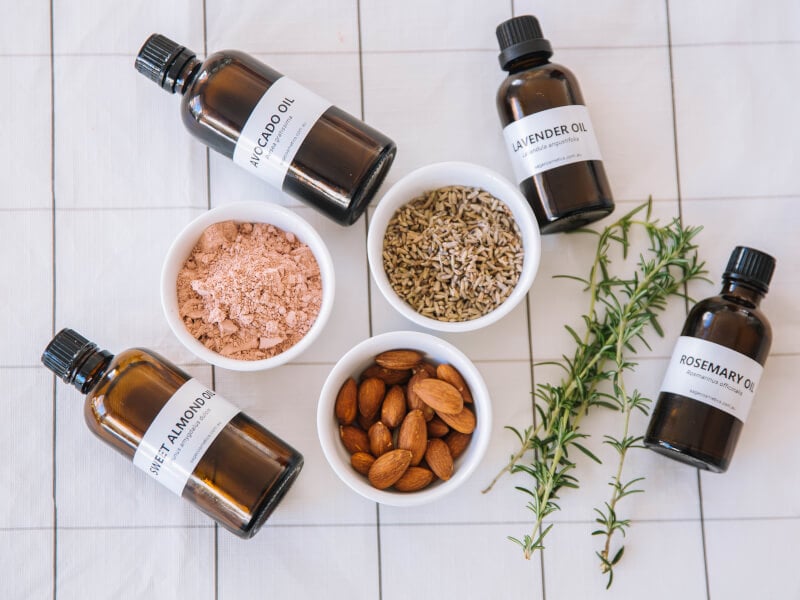 A flatlay of organic skincare oils