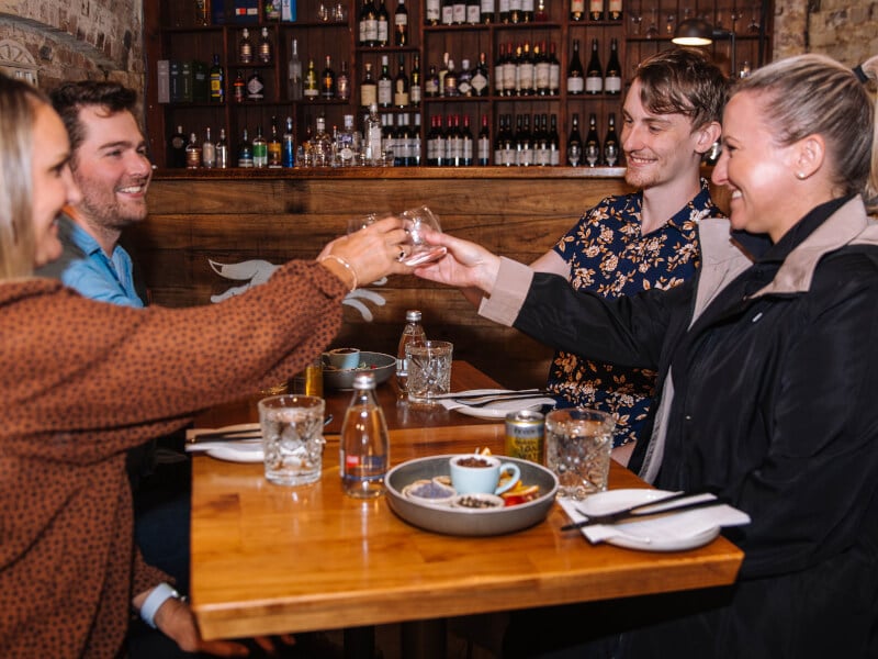 Couples clinking wine glasses at a double date night wine tasting