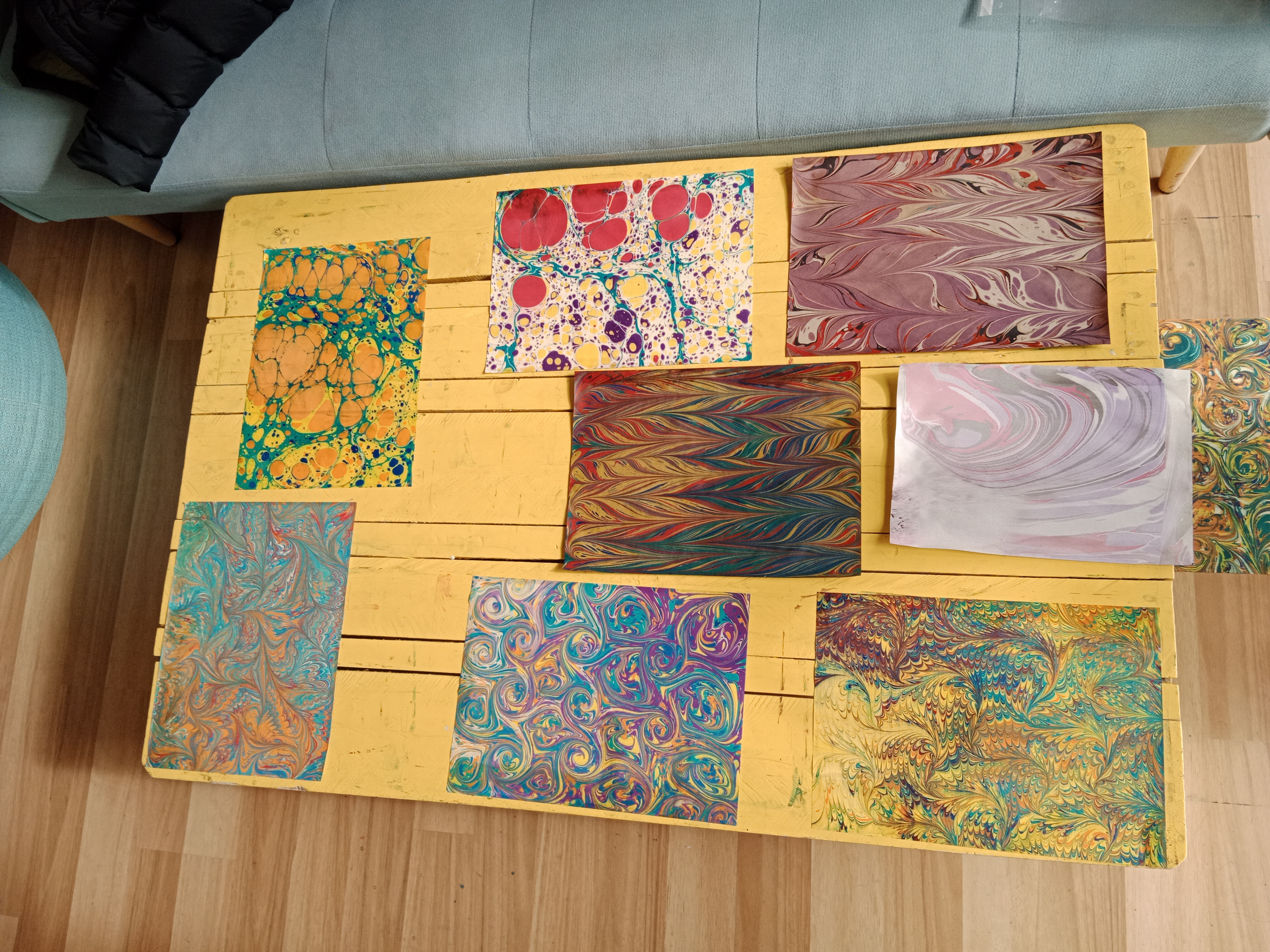 Marbled fabric pieces laid out