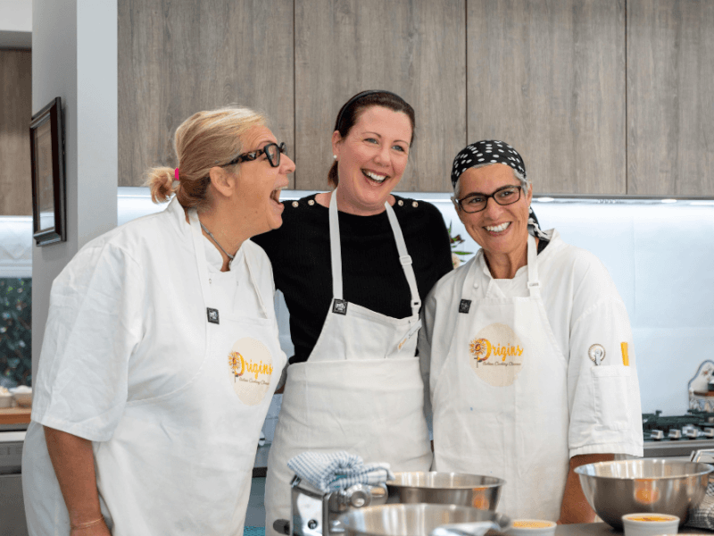 fun gnocchi making class, three happy women