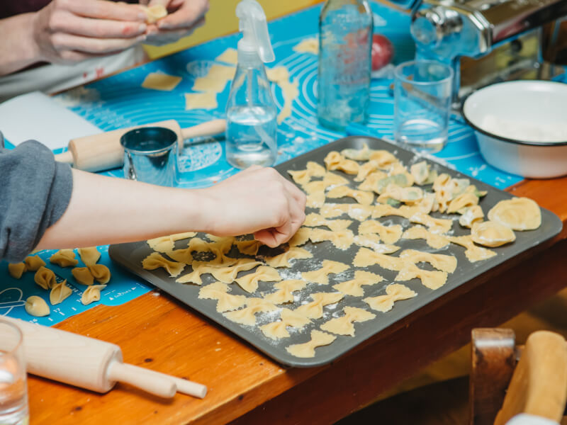 Trays of handmade farfalle at hens pasta cooking class