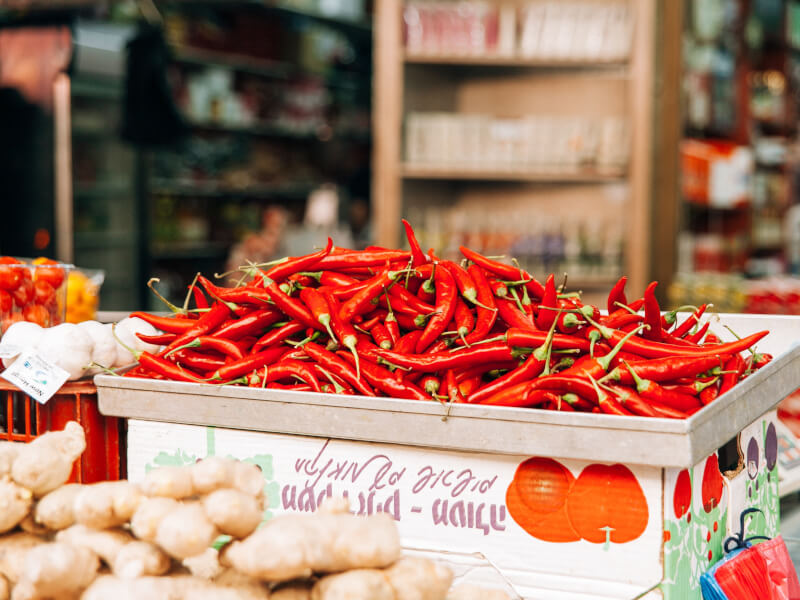 Spicy peppers at a food market