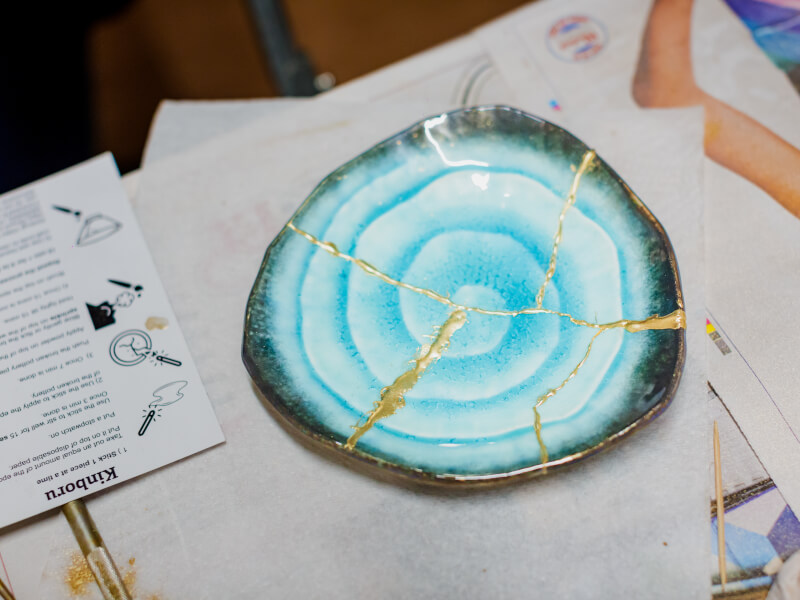 Beautiful blue plate mended with the art of kintsugi