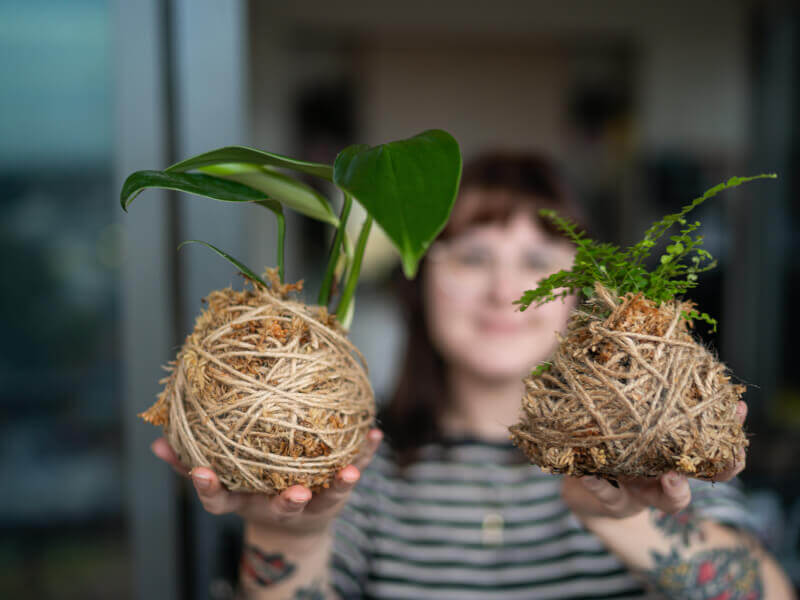 Woman shows two completed kokedama's