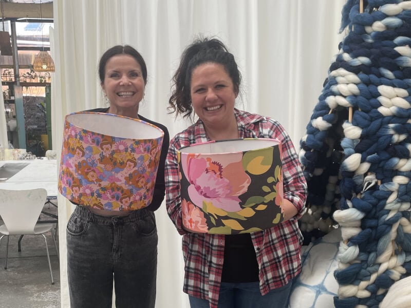 two women with a DIY lampshade