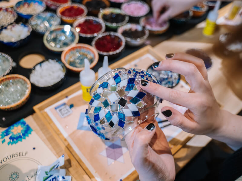 A blue Turkish mosaic lamp in progress