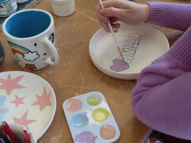 A half-painted ceramic plate