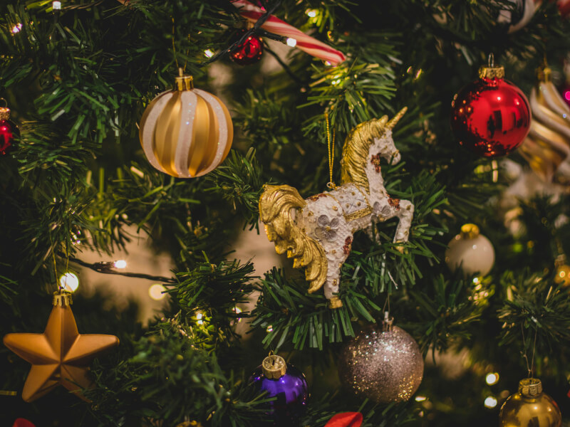 Christmas ornaments and lights on a tree