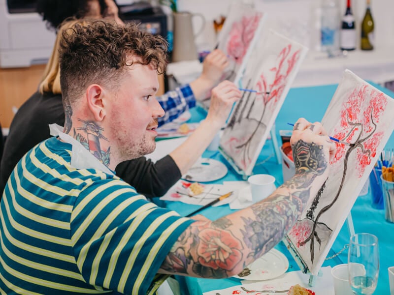 A group of people unwind at a relaxing painting class
