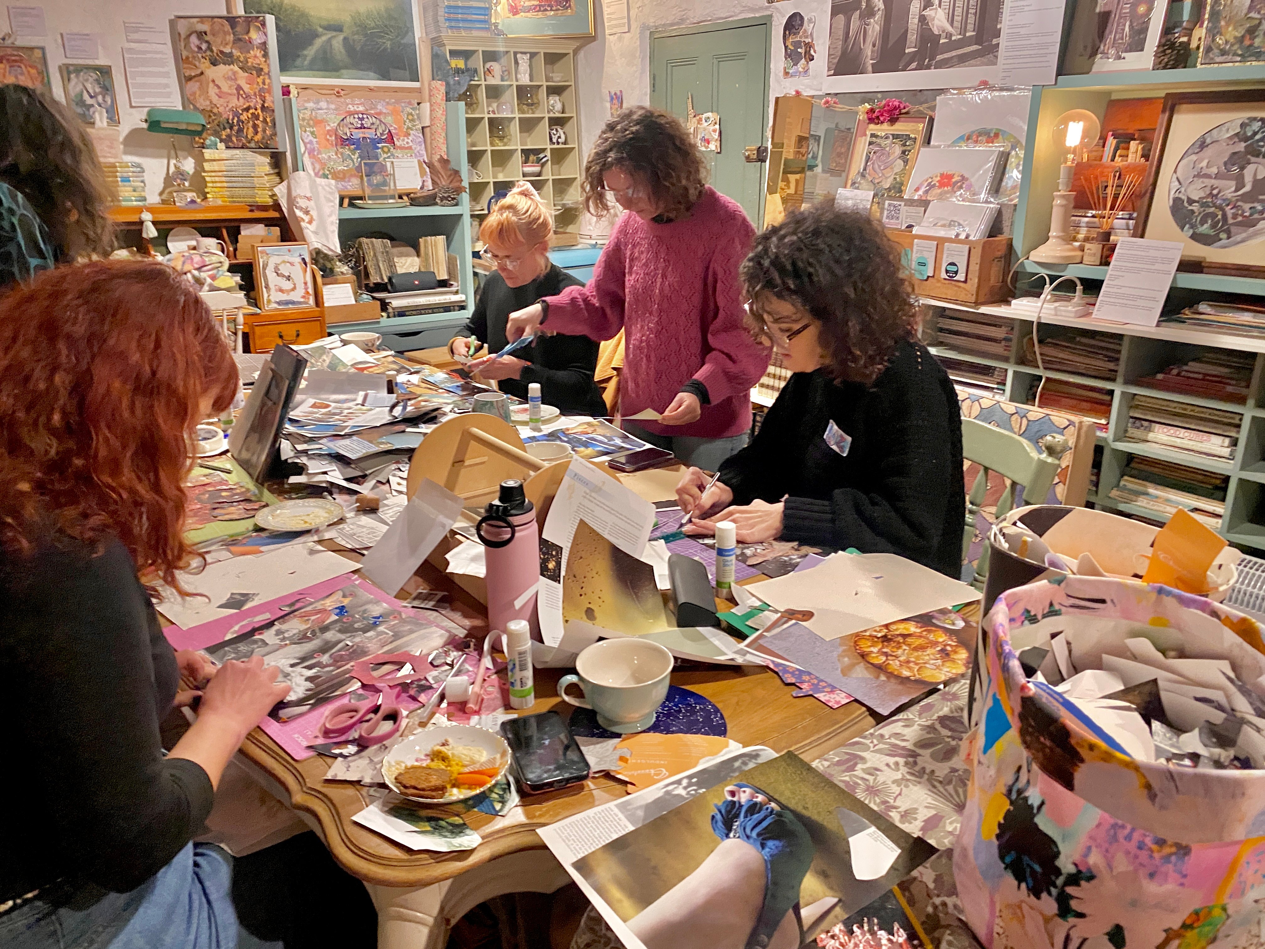 Women making collage art