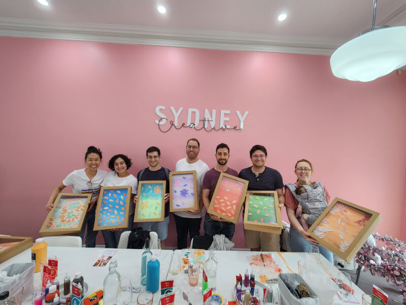 A group of friends enjoying a textured painting class in Sydney