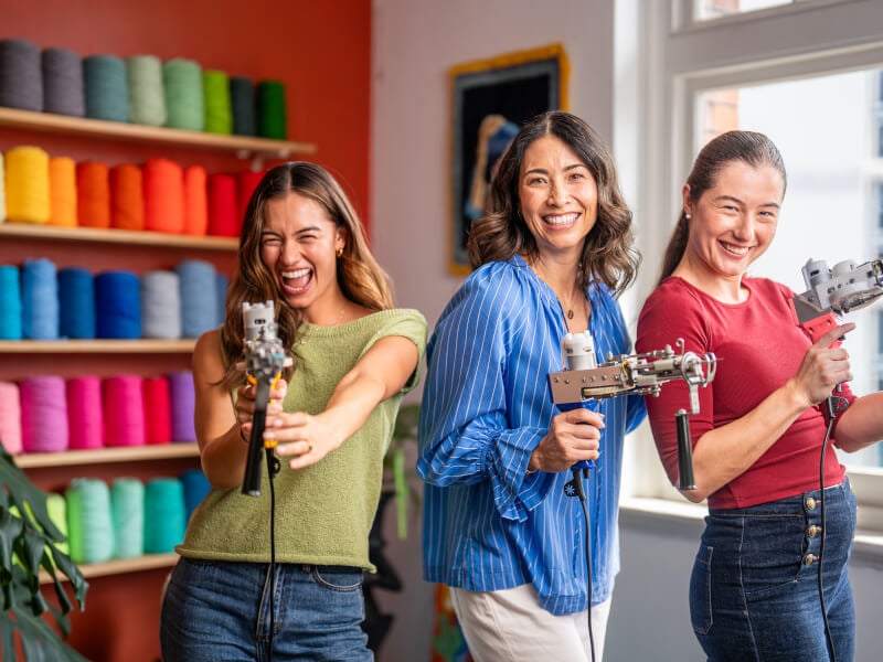 three woman on a tufting day out