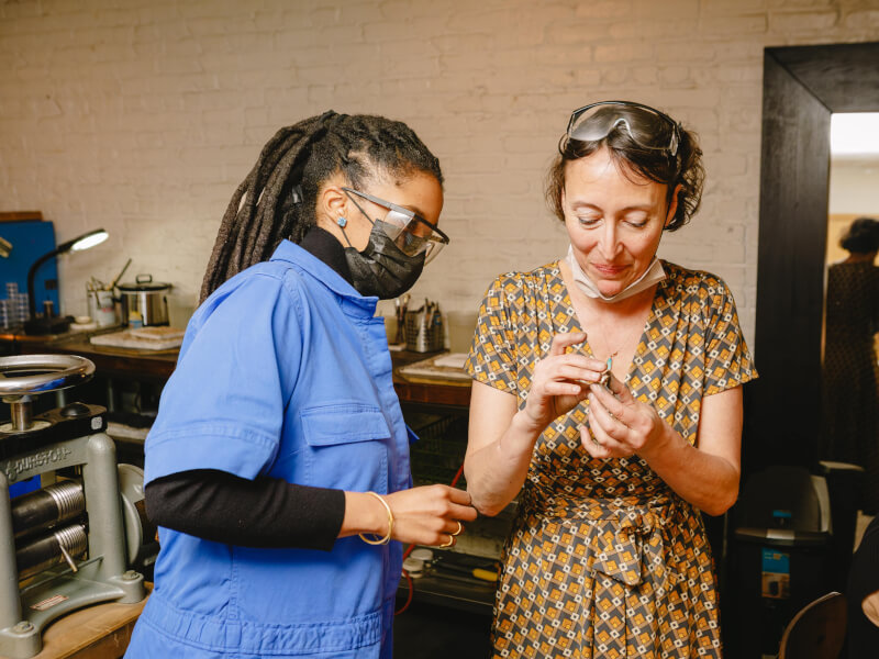 A couple looking at a handmade ring