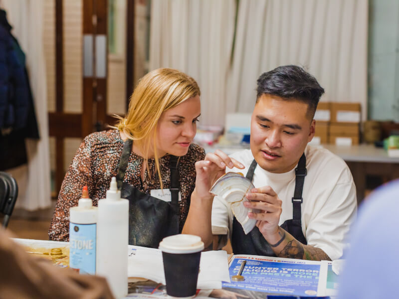 Couple enjoying kintsugi class on Valentine's Day